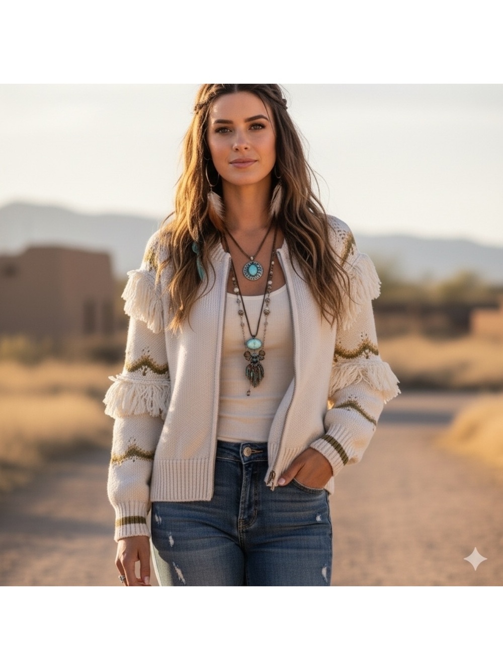 Jen’s Pirate Booty Snowed In Fringe Zip-Front Women's Sweater Cardigan S/M